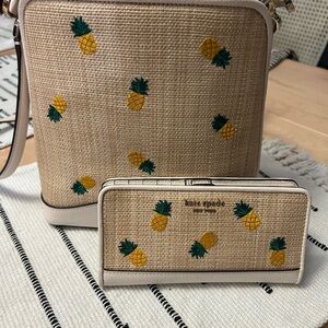 Kate Spade Pineapple Embroidery Darcy Small Bucket Bag with Matching Wallet
